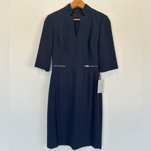 NWT! Tahari Adam S. Levine Navy V-Nevk Notch Midi Dress! Elbow Sleeves! Size 2!